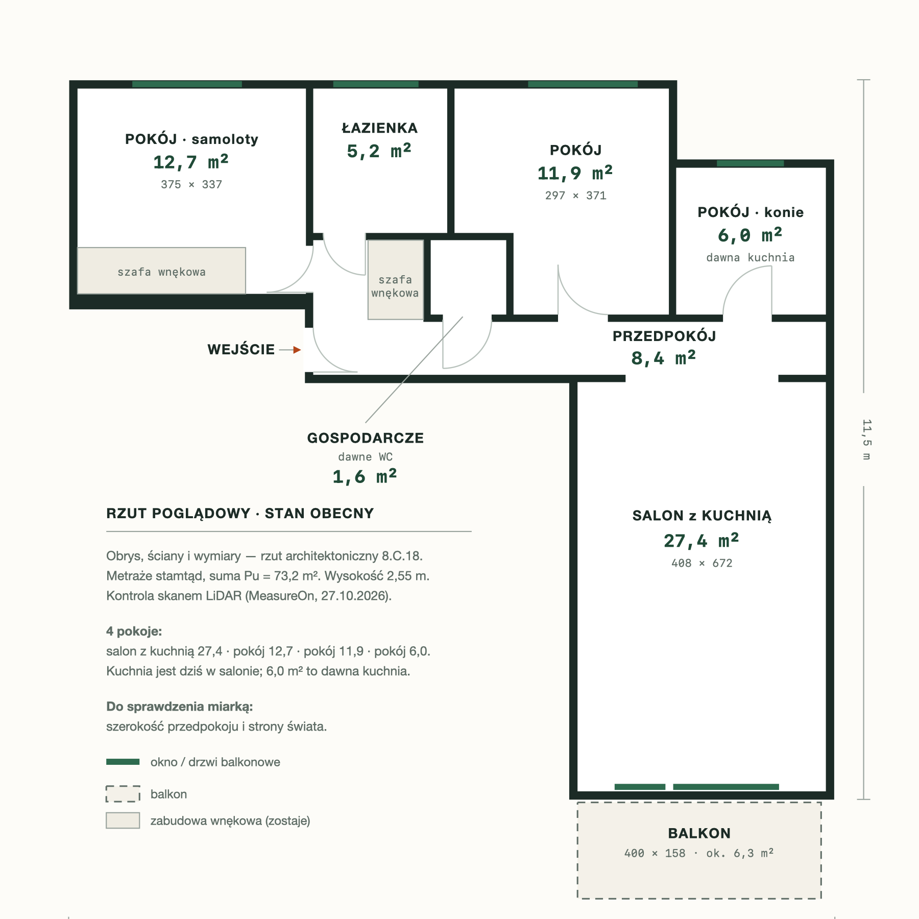 Rzut poglądowy mieszkania — 4 pokoje, 73 m²